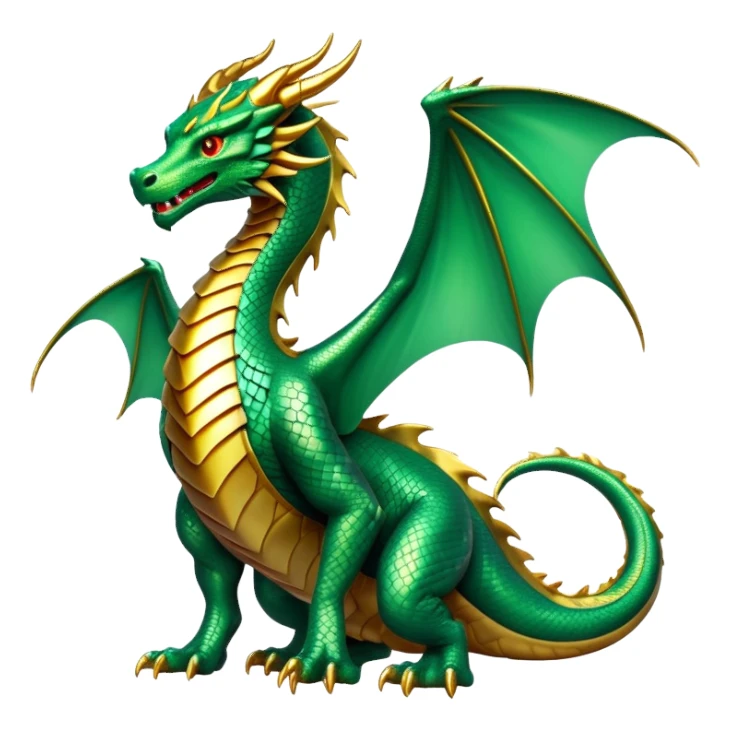 cinematic-noble-dragon-full body-emoji,-poised-and-majestic,-with-a-sinuous,-elongated-build-and-shimmering,-scale-covered-skin-in-hues-of-emerald-and-gold,-piercing,-fiery-eyes,-simplified-yet-sharp-and-sophisticated-features,-highly-detailed, zoomed out showing the serpentine body sticker