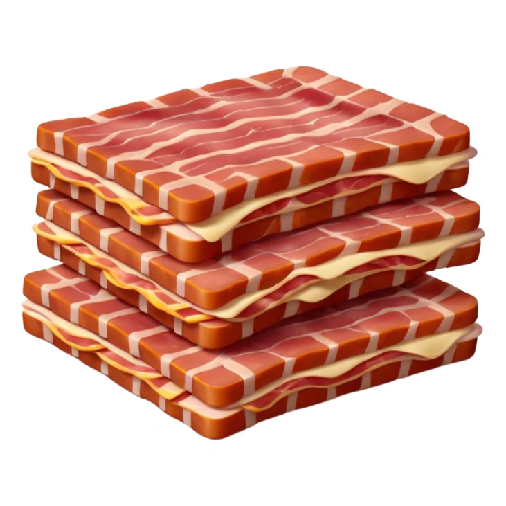 raw bacon lardons, pile, thick short rectangular strips, alternating pinkish-red meat and creamy white fat, clean cut, irregular edges, fresh, moist, uncooked, soft lighting, color contrast, no pan, plate, background, or faces, clean 3D, soft shadows, transparent background, emoji scale sticker