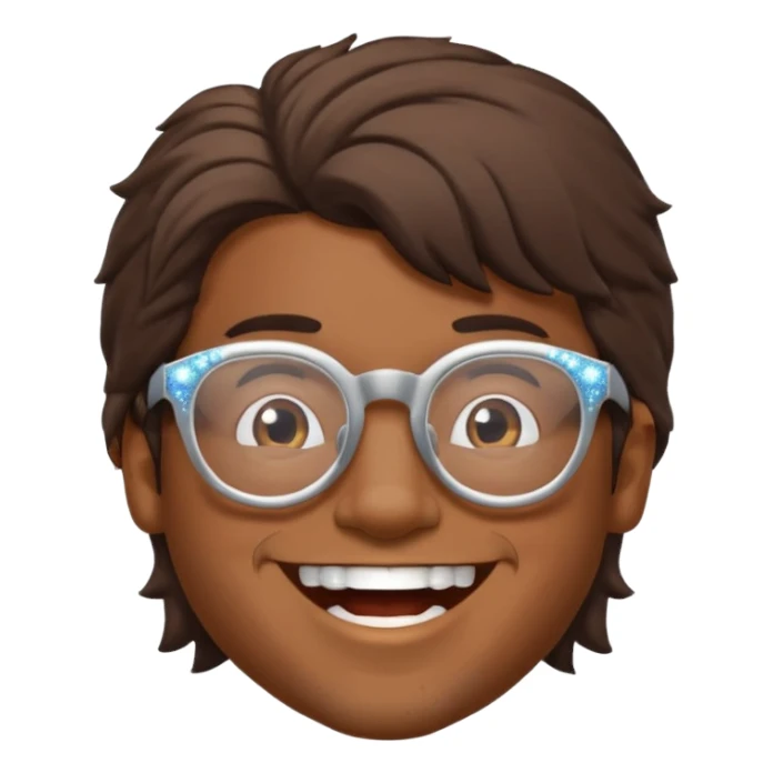 Brown guy with glasses with a whiffed front and puffed mullet, smiling with his teeth together and a sparkle from his teeth sticker