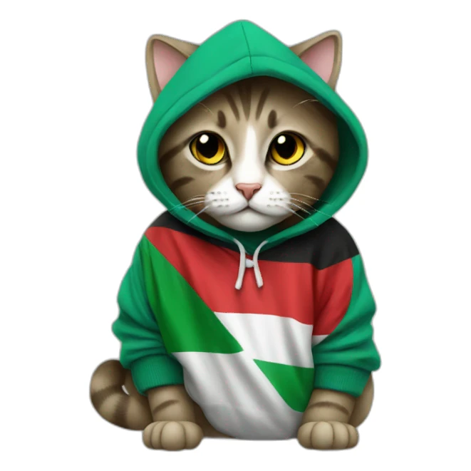 a cat wearing a hoodie with Palestinian flag sticker