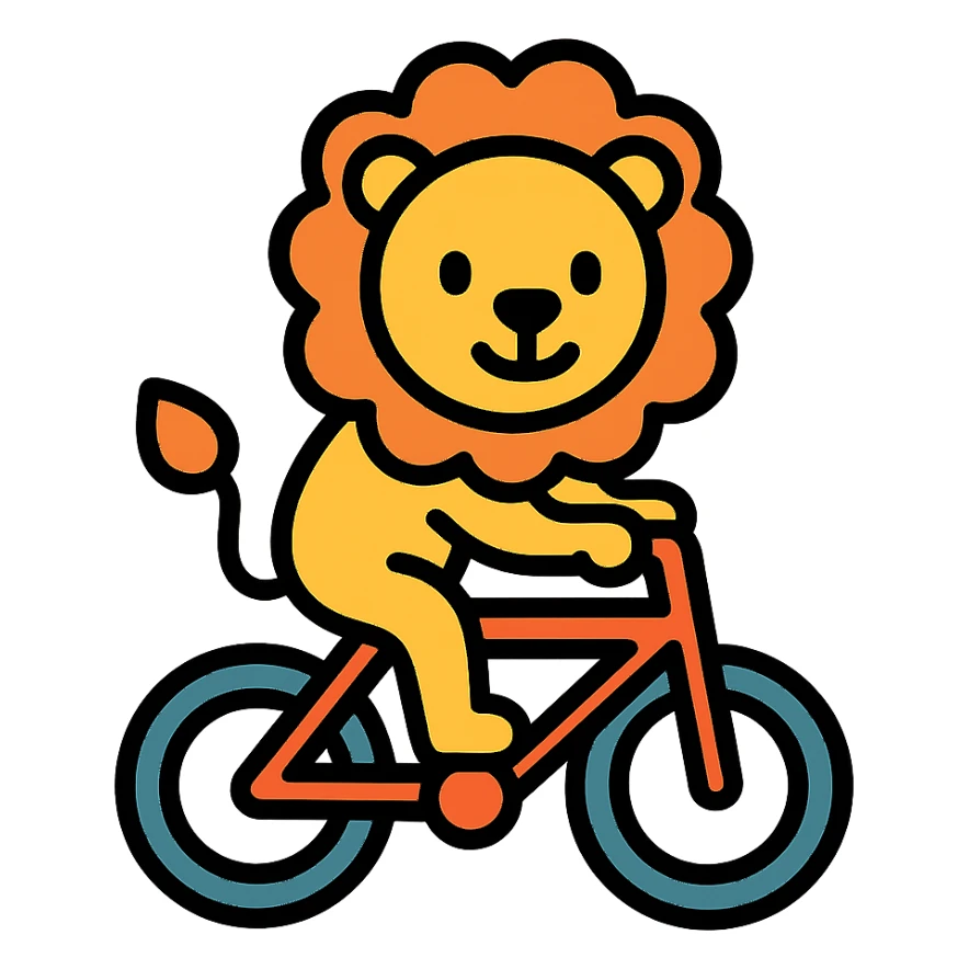 lion riding a bicycle, colored icon sticker