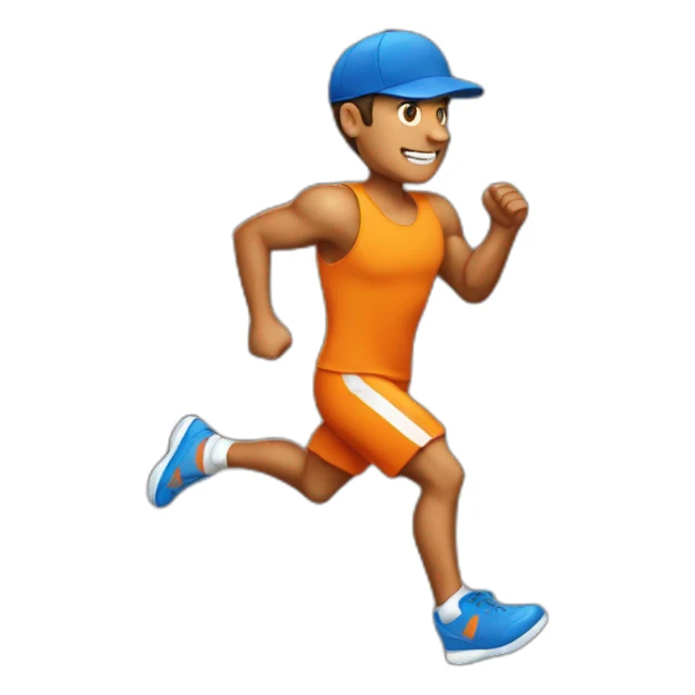 tanned man running with withe and blue shoes and orange cap sticker