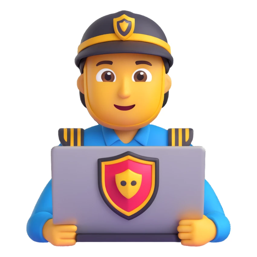 security engineer emoji, professional, with a laptop and a shield, confident expression sticker