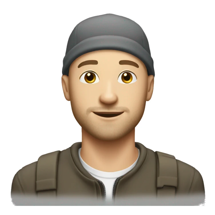 white young man bald with cap, + soft beard sticker