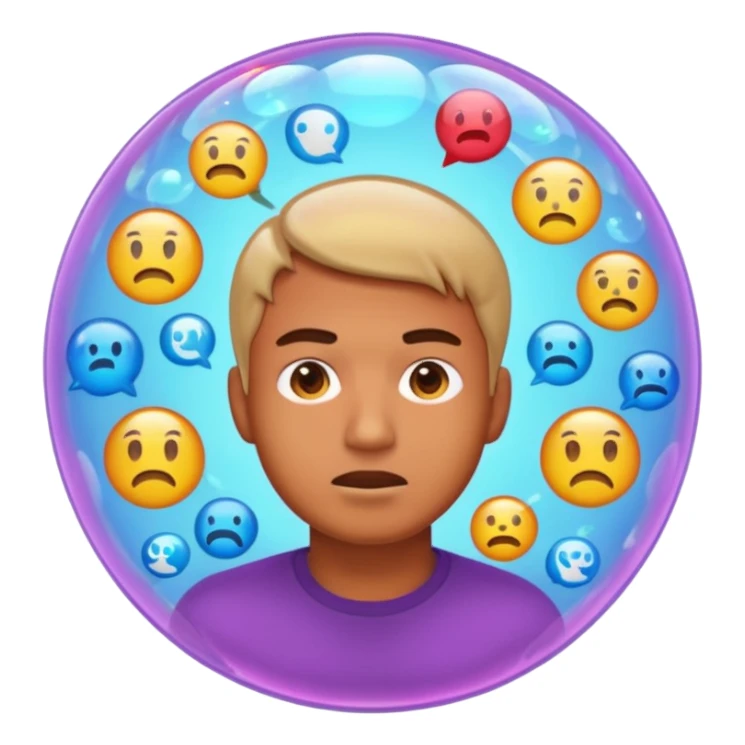 Realistic emoji-style man trapped inside a glowing filter bubble. The bubble contains identical social media icons and repeating content symbols. Outside the bubble are colorful diverse icons he cannot see. The man looks comfortable but unaware, expressing narrow perspective. sticker