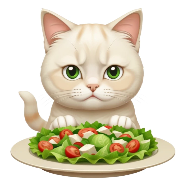 grumpy white cat sitting at a table, looking confused with its ears slightly back. In front of the cat is a plate with a salad sticker