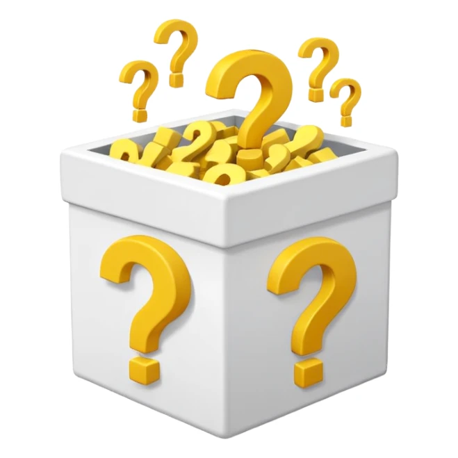 white cube shaped box over stuffed with yellow question marks sticker