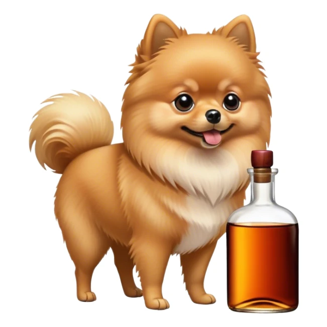 Pomeranian sniffing a Hennessy bottle sticker