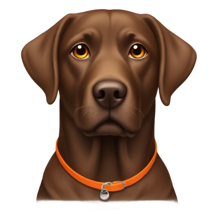 Brown lab dog with a orange collar sticker