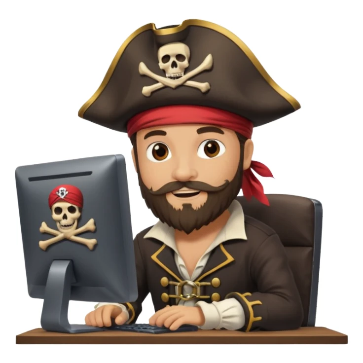 pirate captain with a beard, coding on a desktop computer, pirate flag with code symbol, cheerful and creative sticker