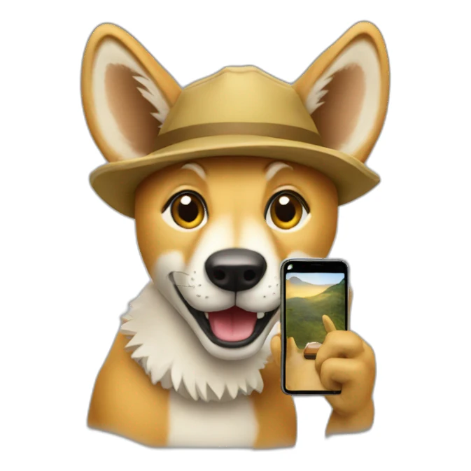 A dingo taking a picture with a phone sticker