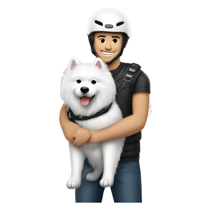 helmet biker hugging a white Samoyed sticker