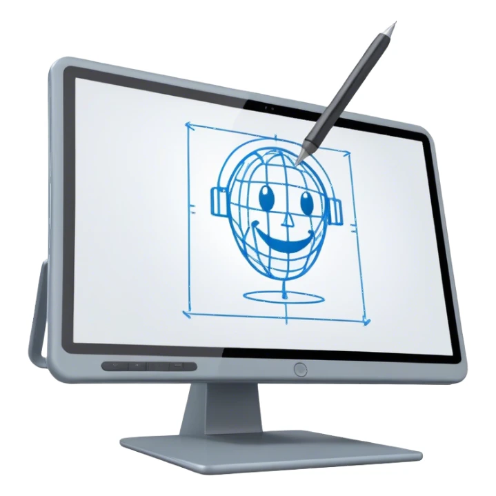 Create an emoji for 3D visualization and modeling. Show wireframe model that pops out from the screen of a large graphic tablet with a stylus drawing in a 3D modeling program. Use modern, professional colors. Do not include any emojis or smiley faces. Make the background transparent. sticker