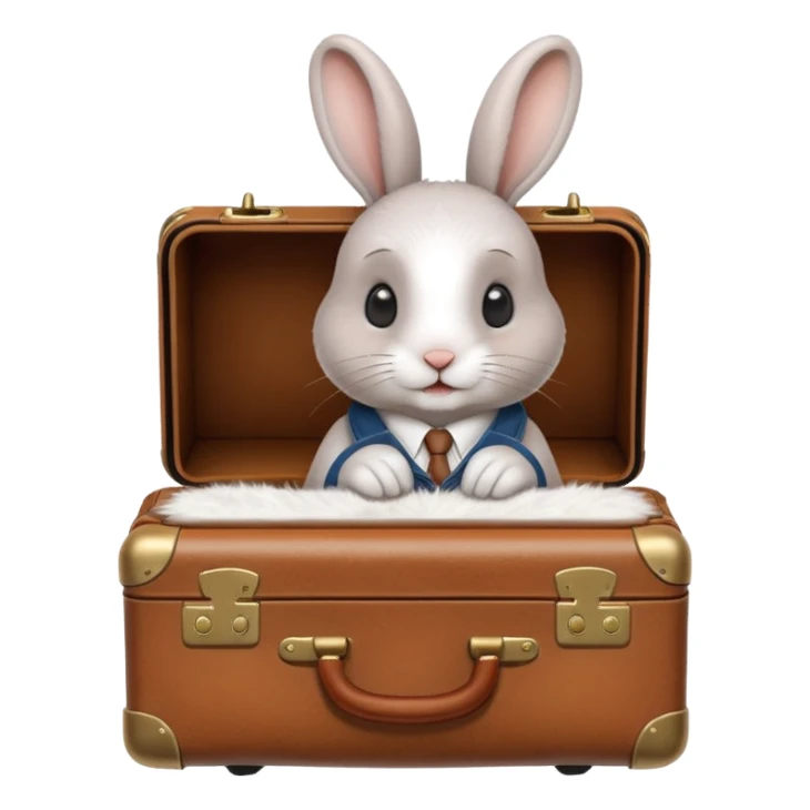 A curious rabbit nudging a tiny suitcase with its nose sticker