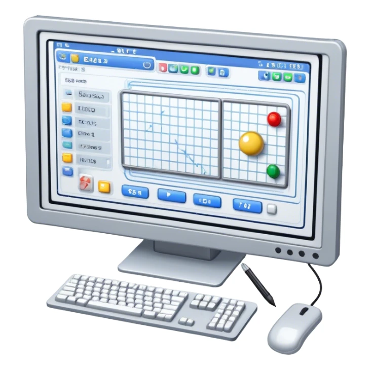 Emoji for Game Design: computer screen with Professional game interface, 3D models, pixel art, and design tools like grid, wireframe, and stylus. Symbolizes the technical and creative process of game development. Transparent background. sticker