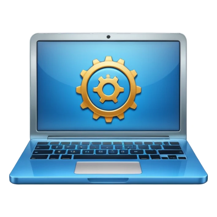 laptop with a play button and gear above sticker