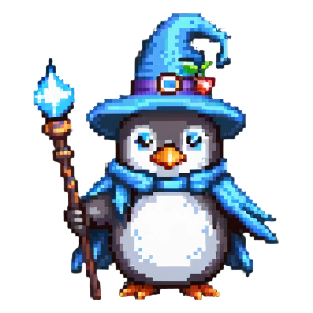 penguin wizard with a pointy hat and magic staff sticker