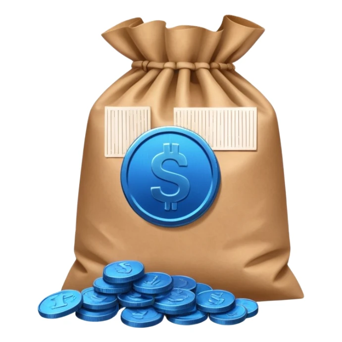 blue coins inside a brown bag  sticker