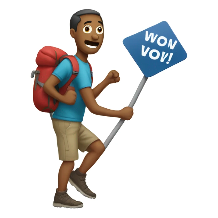 Man hiking with sign that says “Wow!” sticker