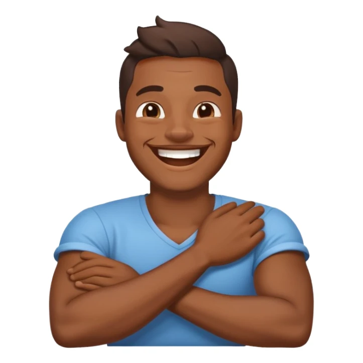 Guy laughing with arms crossed hold neck sticker