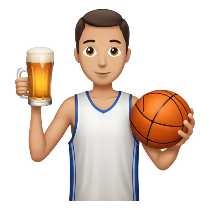 Thin man holding a beer and a basketball sticker