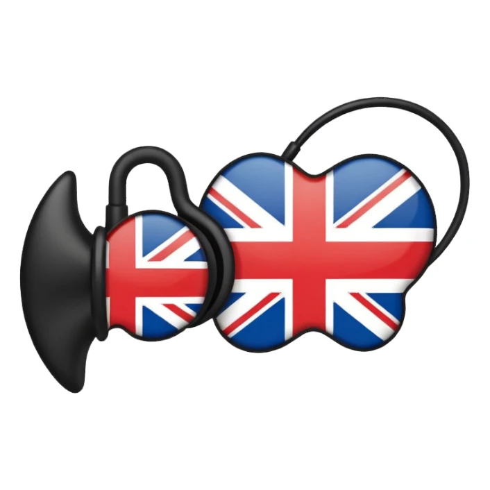 Minimalistic flat vector icon, iOS style, thin black contour on white background. Ear icon with sound waves and small UK/USA flag symbol. Clean, no text, no shadows sticker