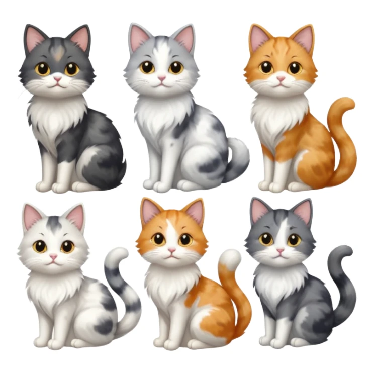 6 realistic looking cats with different natural coloured coats, assorted grey and white, greys, calicos etc
 sticker