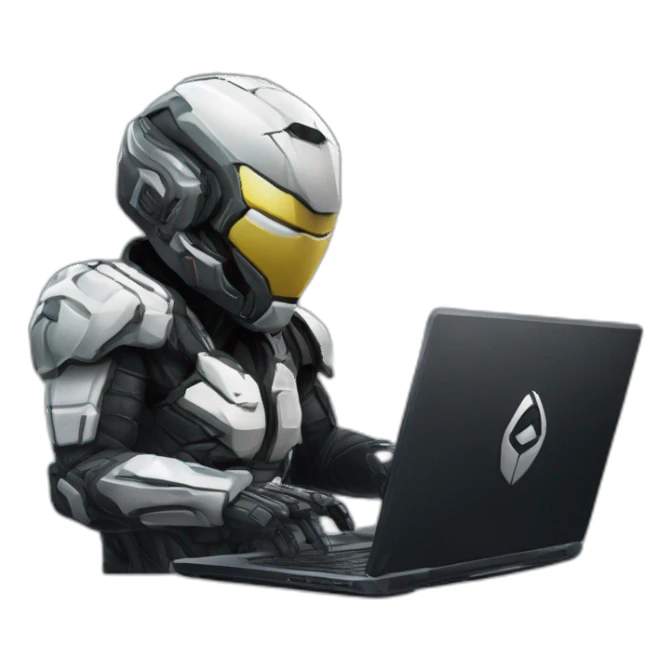 Side view developer behind his laptop with this style : Crytek Crysis Video game with nanosuit hacker themed character sticker