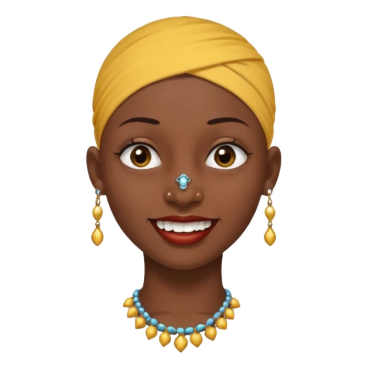 Make a emoji of a person with dark skin and has a nose ring and has a bunch of small earrings and a big earring and who has a gap between her two front teeth and with no hair sticker