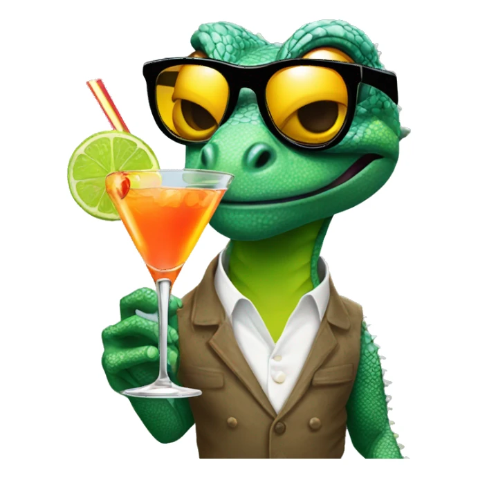 lizard wearing sunglasses holding cocktail sticker