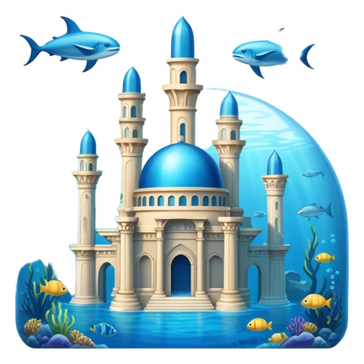 Simple Atlantis underwater city, basic dome buildings, small pillars, blue water sticker
