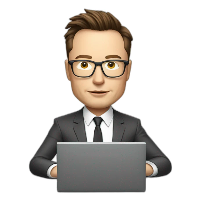 Elon musk working on a computer with glasses sticker