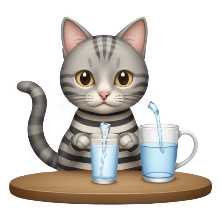 A gray striped cat sitting at a table drinking water from a mug without a visible water stream sticker