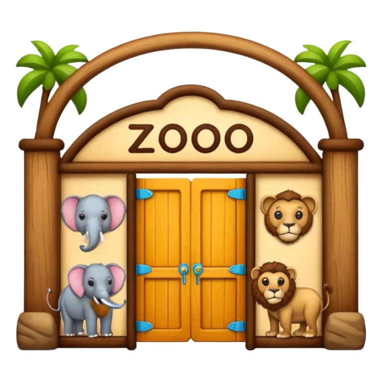 classic emoji-style wooden zoo entrance with the word 'zoo' and four animals: elephant, lion, kangaroo, and monkey, genuine emoji look, not AI-generated sticker