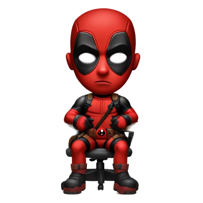 Cute Deadpool sitting at a desk, front view sticker