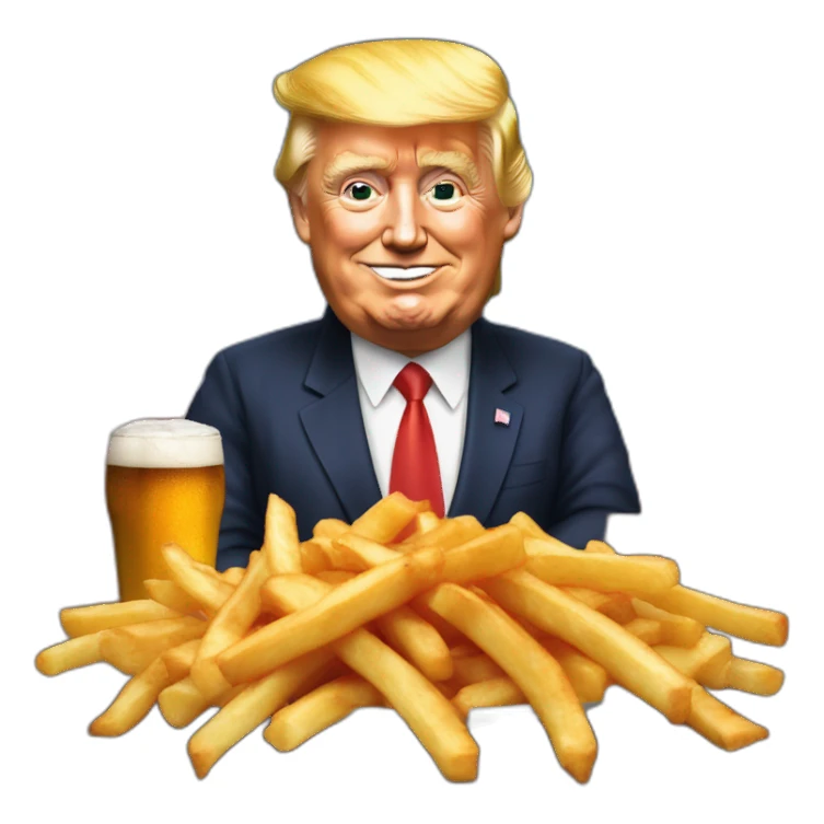 Poutine bois une bière avec Trump sticker