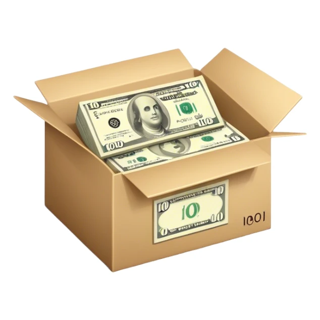 A box featuring a $100 bill design sticker