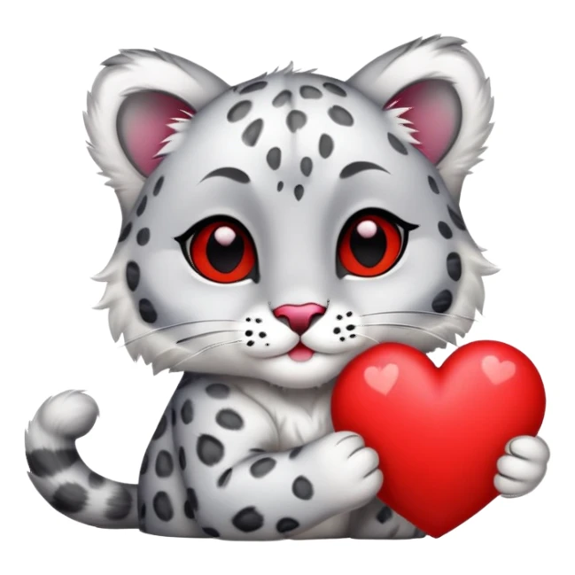 snow leopard with cat ears holding a red heart sticker