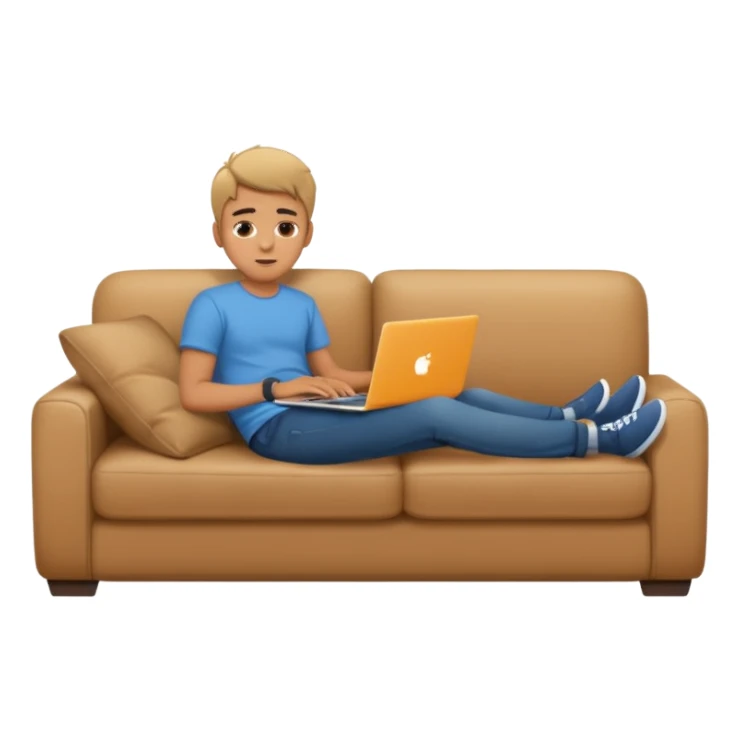 A young guy is lying on the sofa with a laptop sticker
