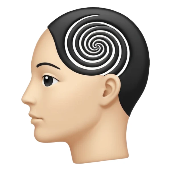 Minimalistic flat vector icon, iOS style, thin black contour on white background. Human head silhouette with spiral inside. Clean, no text, no shadows.
 sticker