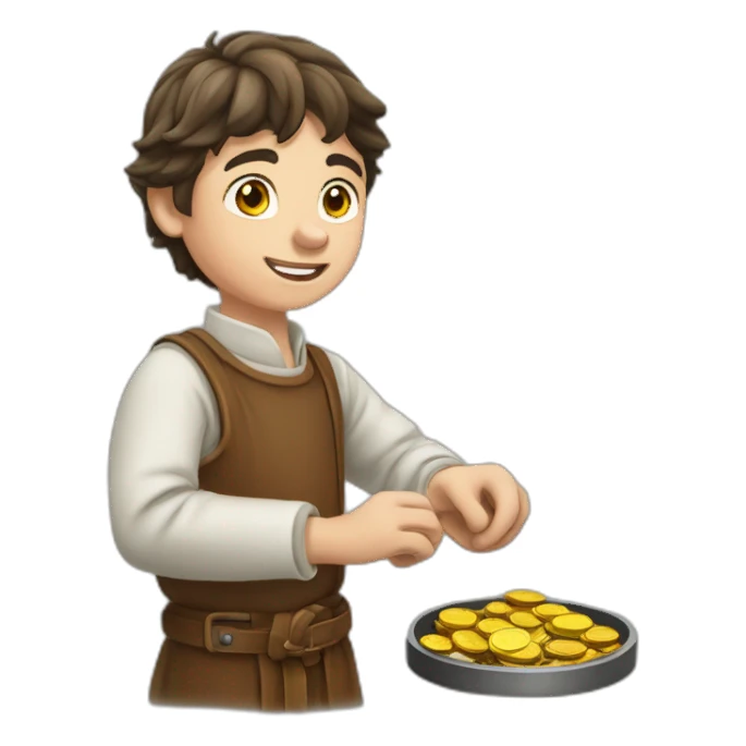 young coin engraver apprentice yielding a coin, medieval age sticker