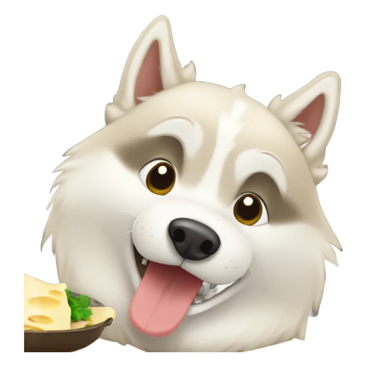 Light beige husky eating a raclette sticker