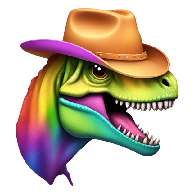 Rainbow dinosaur T-Rex with a cowboy hat sticker