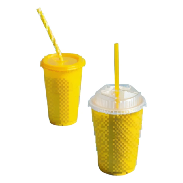 napkins, soda straws, yellow disposable cup sticker