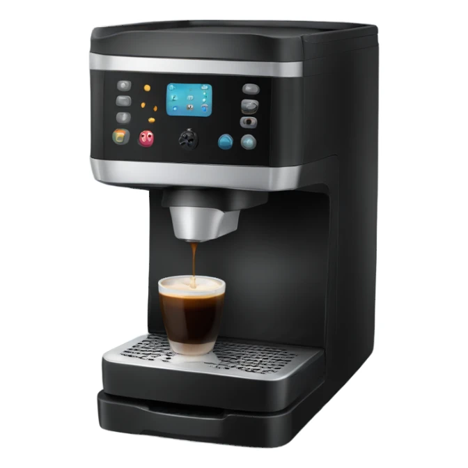 a black coffee machine with a cup  sticker
