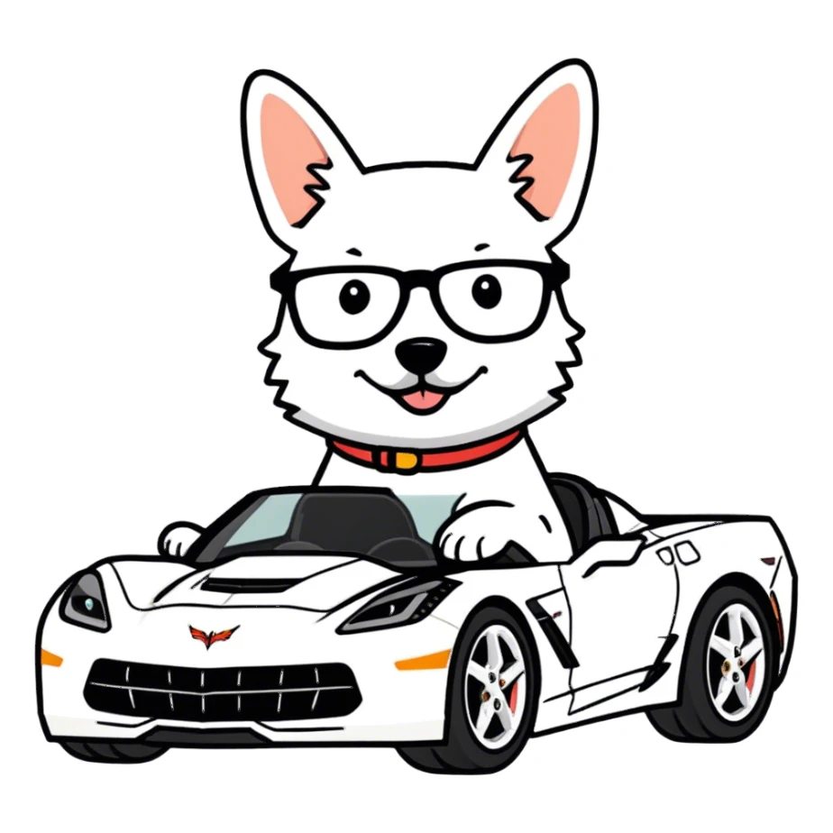 dog riding a c6 corvette with glasses sticker