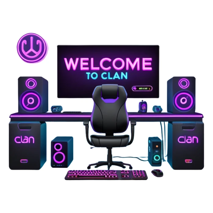 Computer gaming setup with welcome to the clan banner sticker