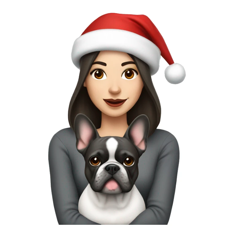 brunette woman with a dark grey French bulldog both wearing Santa hats  sticker