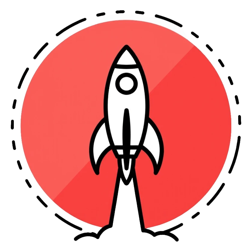red circular button with rocket ship logo sticker