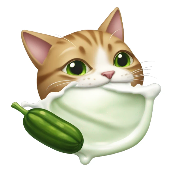 Cat biting on pickle with milk sticker